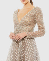 Beige Embellished Illusion Long Sleeve Wrap Over A Line Gown